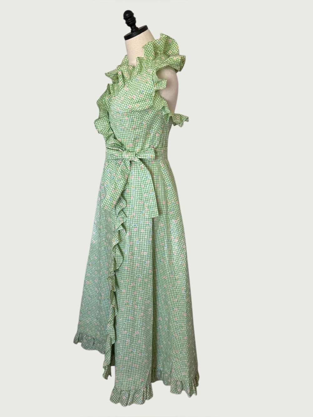 vintage 70s handmade flocked gingham wrap sun dress size XS